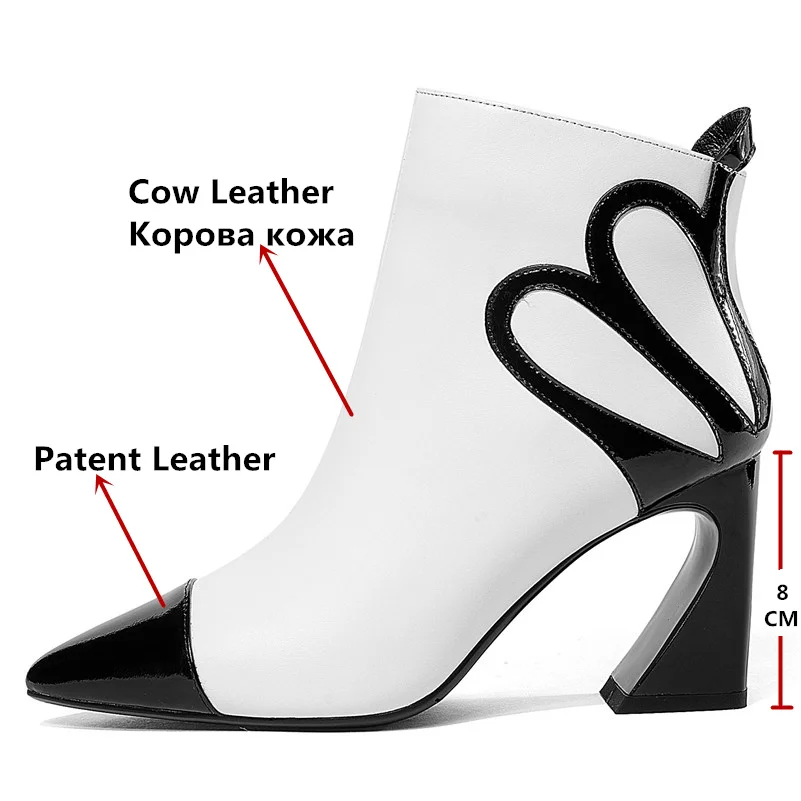 Женские ботинки на молнии FEDONAS черные белые из натуральной кожи высоком каблуке