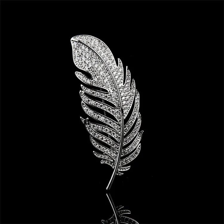 19042403-silver Нежные стразы, перо, брошь на булавке, женская, мужская брошь, циркон, растение, заколки с листьями, аксессуары для одежды - Окраска металла: 19042403-silver