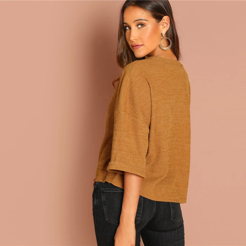 SHEIN Однотонный Джемпер С Заниженной Линией Плеч, Повседневный Женский Топ С длинным Рукавом
