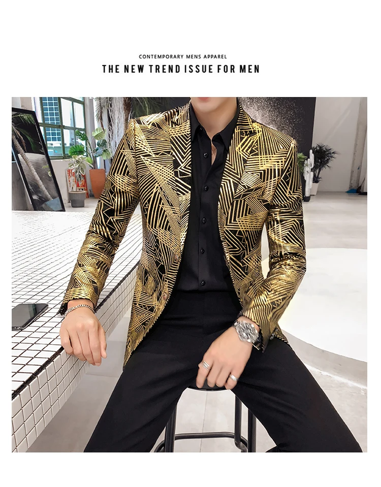 Роскошный Блейзер в золотую полоску с принтом Masculino Slim Fit Мужской Блейзер плюс размер 5xl сценический костюм для Dj Singer Chaqueta Hombre