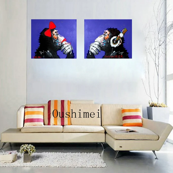 Ручная роспись Современное абстрактное животное забавная пара обезьяна