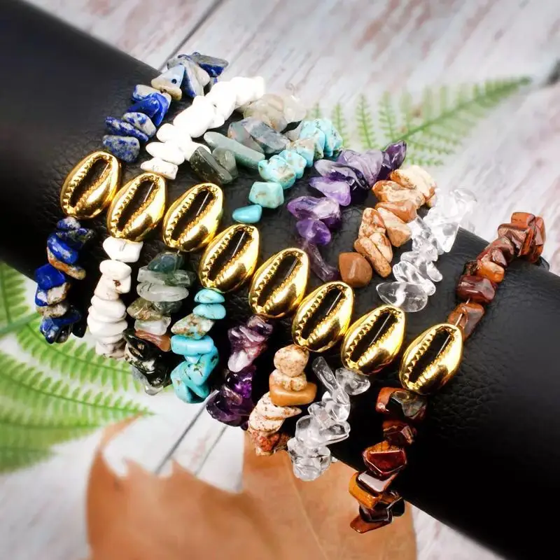 Уникальный богемный браслет дружбы из натурального камня с натуральной ракушкой