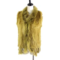 women genuine natural real rabbit fur knitted vests waistcoat gilet coats with tassels raccoon fur collar