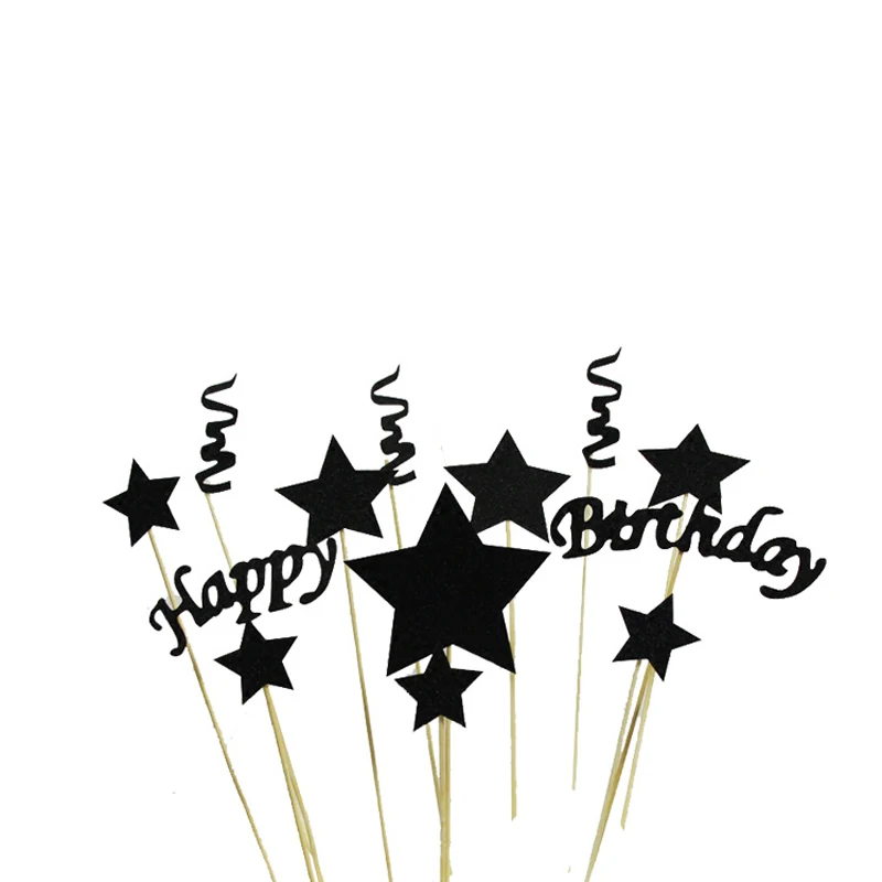 1set DIY Black Gold Happy Birthday Star Cake Ice-cream Cupcake Toppers Picks Mom Dad Boy Girl Kids Party Dessert Decor | Дом и сад
