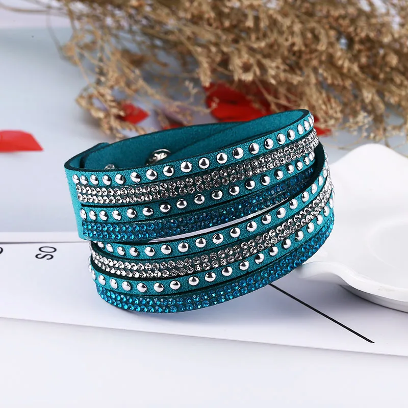 Peacock Blue HOCOLE модные Очаровательные кожаные браслеты со стразами для женщин обёрточная бумага Многослойные Стразы браслет Женская мода ювелирные изделия свадебный подарок - Окраска металла: Peacock Blue