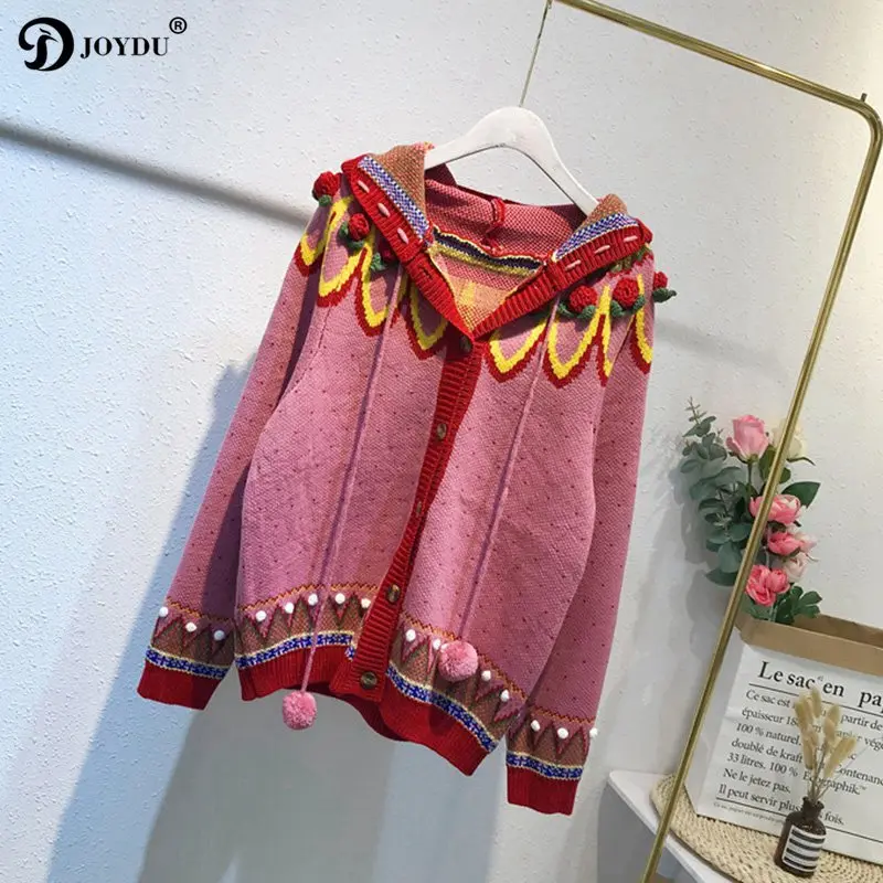 JOYDU High Street Oversize Sweet Sweater Women Cardigan Coat 2019 Hooded Lace Up Hairball Strawberry Patchwork Knitted Sweaters |
