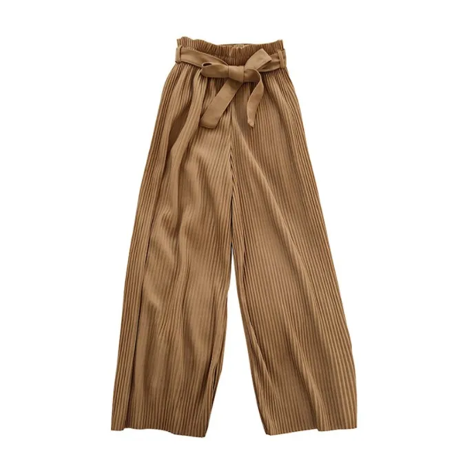 Khaki TCJULY Лето корейский стиль однотонные плиссированные широкие брюки с бантом и поясом дизайн уличная одежда дышащие свободные повседневные женские брюки - Цвет: Khaki