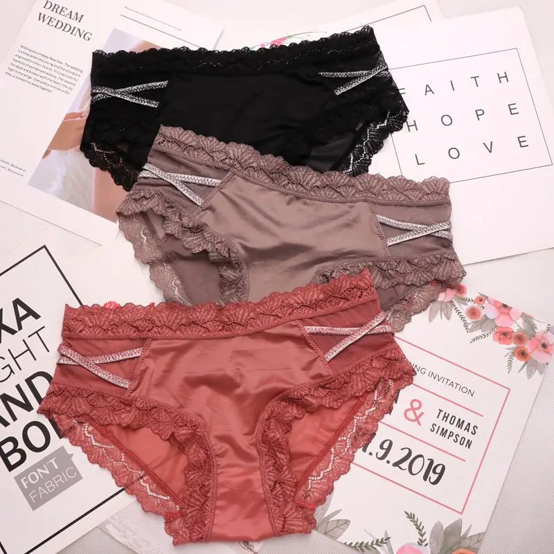 SP&CITY Luxurious Solid Seamless Panties Sexy Underwear For Woman Hot Stamping Cross Ice Silk Female Lace Side Briefs Lingerie