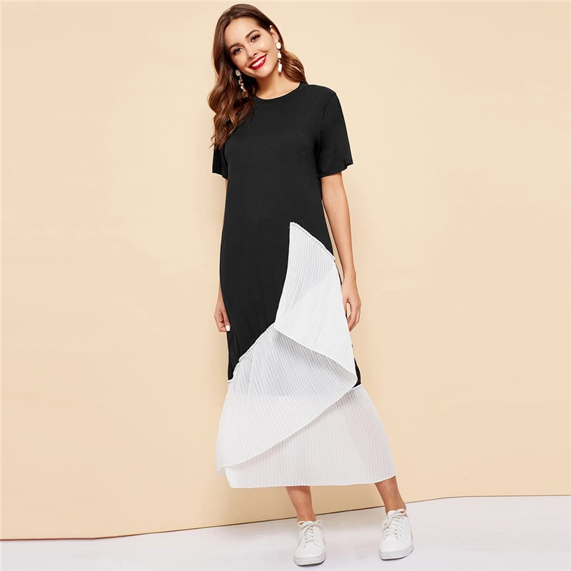 SHEIN Черное и белое Плиссированное длинное летнее скромное платье, женское весенне-летнее платье свободного кроя с цветными блоками