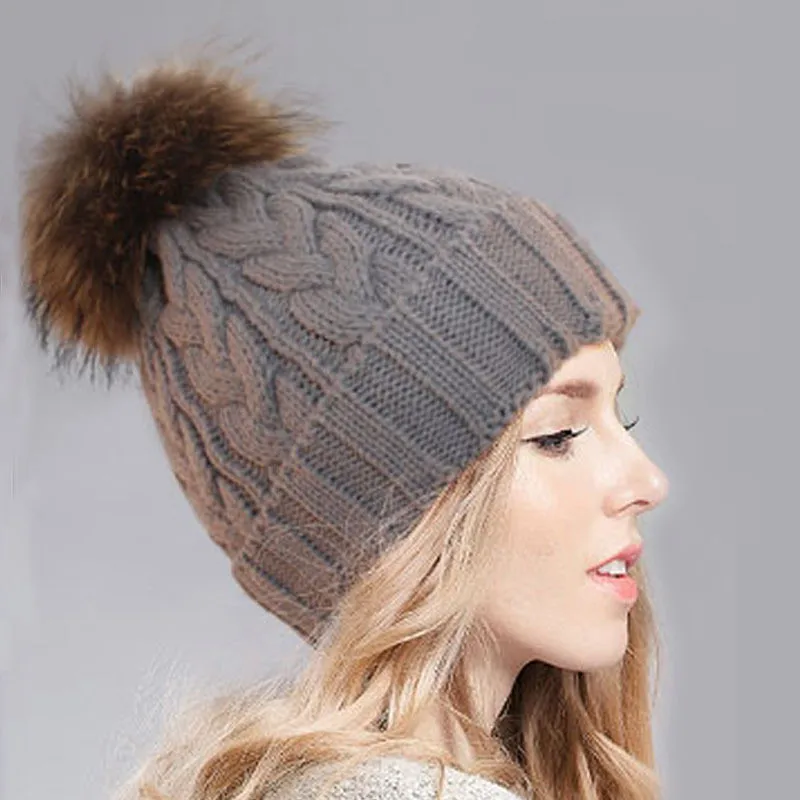 

2016 New Womens Warm Fleece Inside Beanie Hats Winter 100% Real Raccoon Fur Pompom Hat Mink Female Wool Knitted Beanies Caps