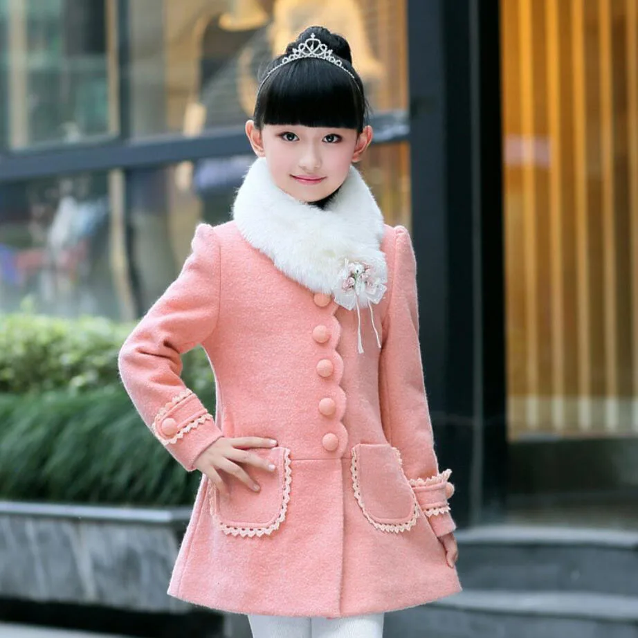 pink Очень милая одежда для маленьких девочек От 3 до 11 лет Детская весенняя куртка детский длинный шерстяной плащ с меховым воротником детская куртка с длинными рукавами - Цвет: pink