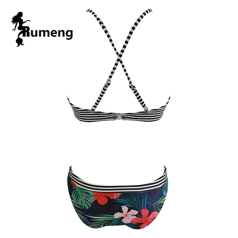 RUMENG New 2018 Low-waisted Printed Bikini Set Striped Swimsuit |
