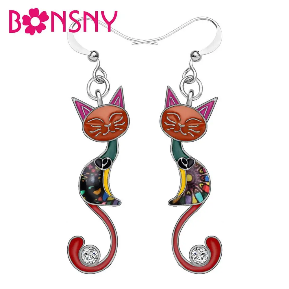 Женские серьги подвески Bonsny эмалированные стразы в форме хвоста кошки модные