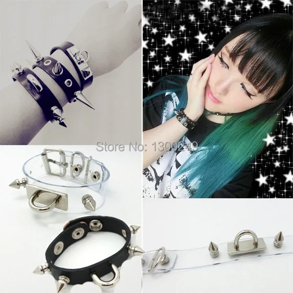 Женский кожаный браслет с заклепками черный прозрачный ручной работы в стиле