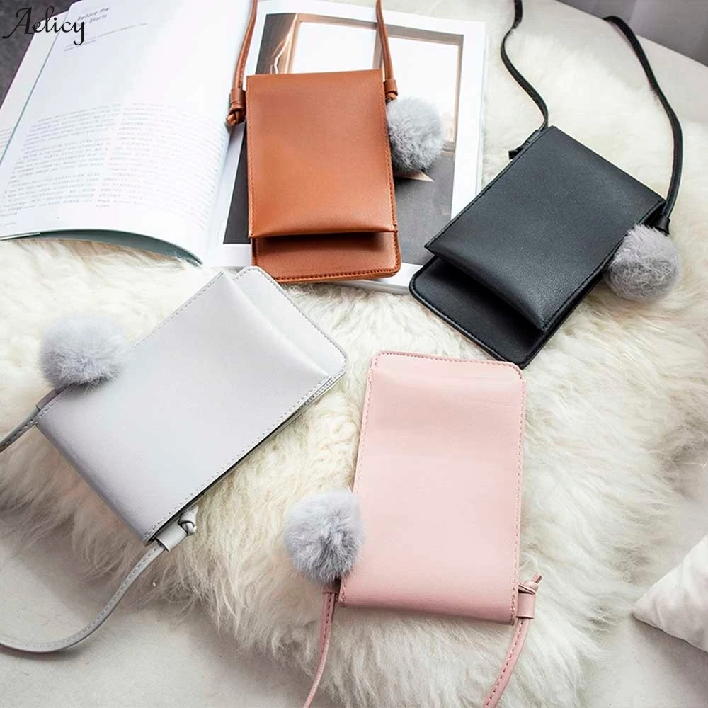 High Quality Coin Purse Solid Color Girl Cell Phone Pocket Women's Vertical Cover Type Hairball Crossbody Bag 2019 | Багаж и сумки
