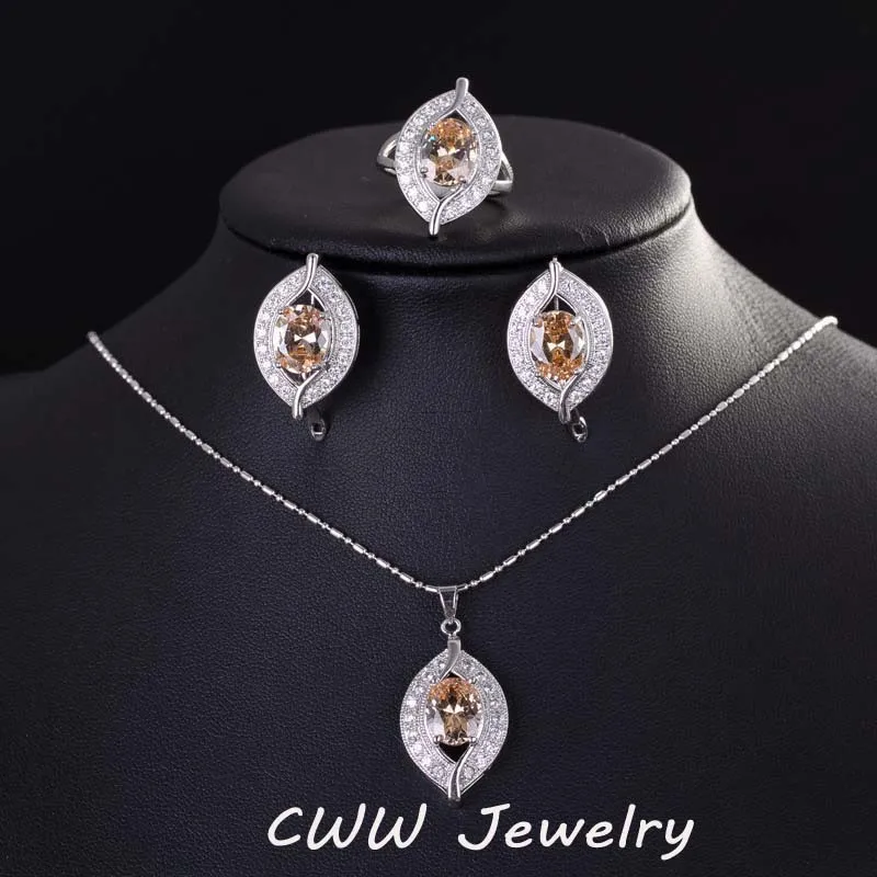 champagne CWWZircons Высокое качество Красный Кристалл 925 пробы Серебряное ожерелье серьги и кольцо наборы ювелирных изделий для женщин Рождественский подарок T192 - Окраска металла: champagne