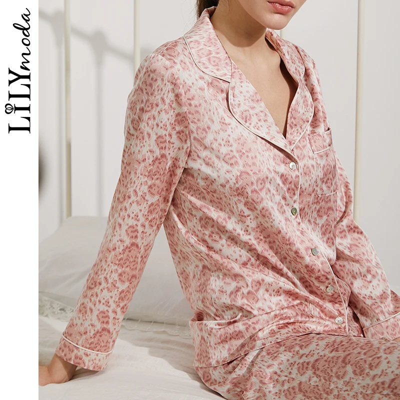 LILYMODA женская пижама Пижама из искусственного шелка сатиновая Пижама леопардовая с длинными рукавами 2 шт. летняя и осенняя домашняя одежда