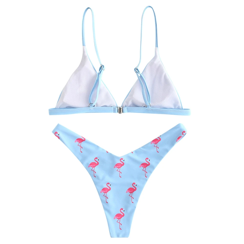Женский бикини с принтом фламинго высокой ножкой на тонких бретельках высоким