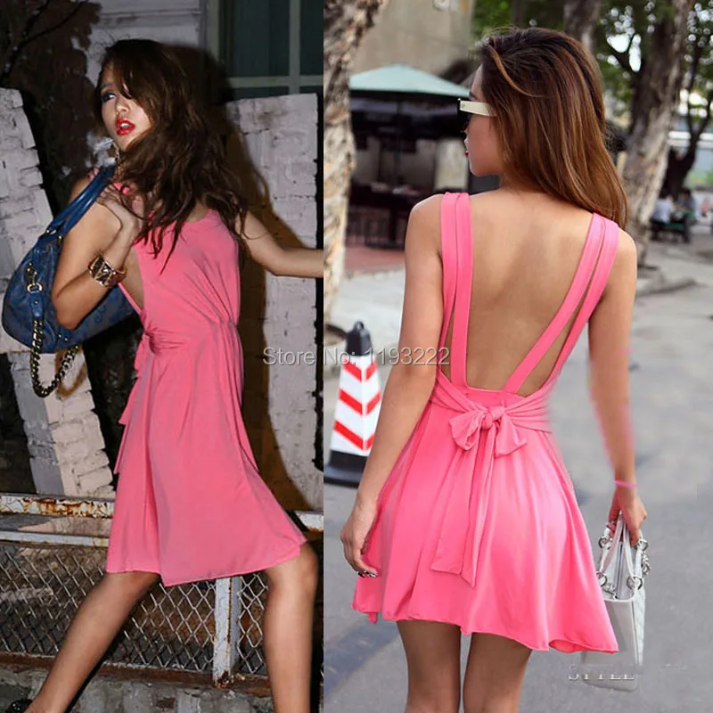 Женское платье-мини без рукавов с открытой спинкой и большим бантом для паба |