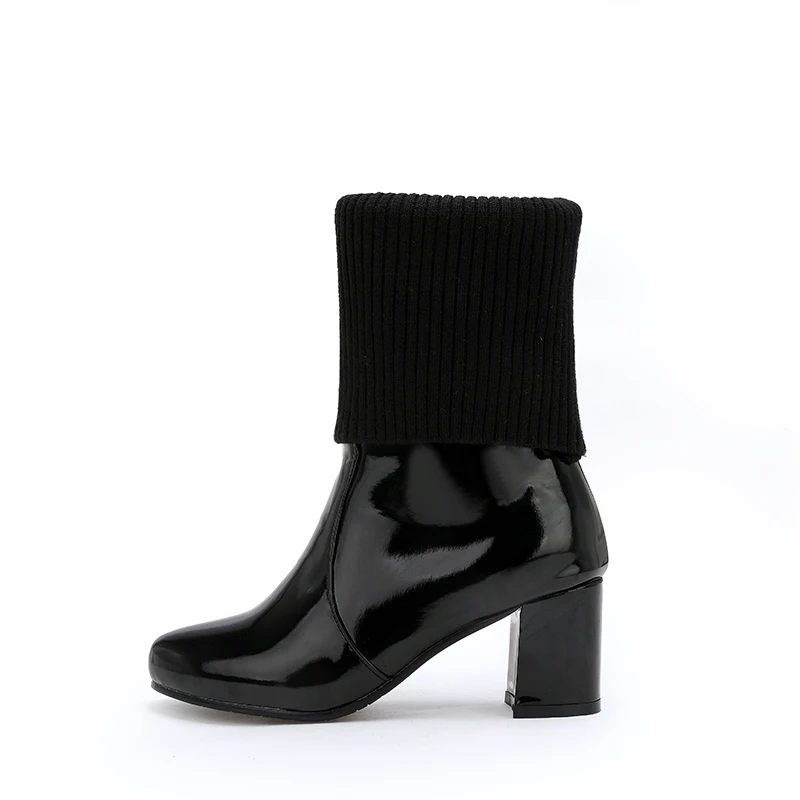 JK High Heels Women Ankle Boots Round Toe Footwear Patent Pu Female Boot Sock Knitting Shoes Woman Winter 2018 Plus Size 34-48 | Обувь