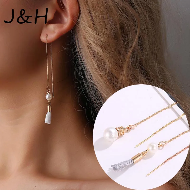 Женские серьги с длинной цепочкой искусственным жемчугом и кисточками