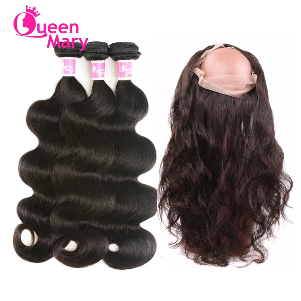 360 Frontal With Bundles Brazilian Body Wave Queen Mary 100% Non Remy Human Hair Weft Pre Plucked Lace Bundle | Шиньоны и парики