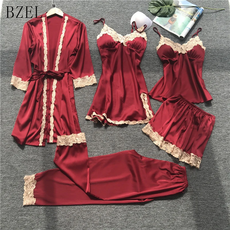 Пижама BZEL из 5 предметов Халат + ночная рубашка топ шорты брюки шелковая атласная