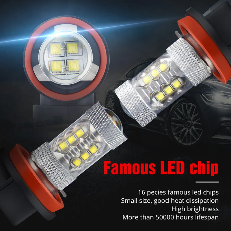 NAO 2x h11 led Противотуманные фары Дневные Фары Светильник H8 H16 авто светодиодный светильник hb4 HB3 DRL лампы 9006 автомобилей h9 h10 9005 лампа для авто 80 Вт 6000K 1600LM