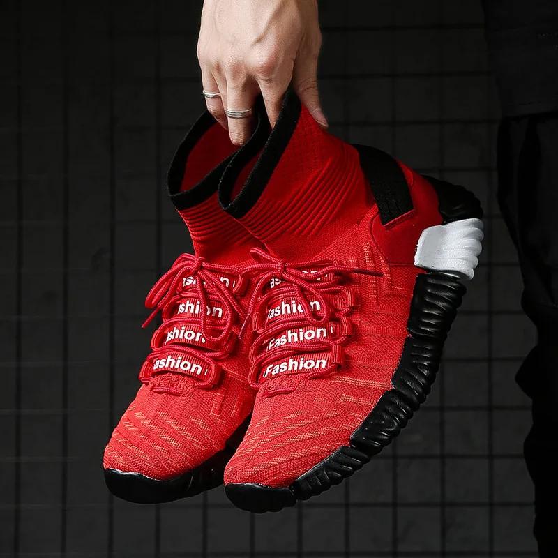 New High Top Platform Sneakers Men fly weave Stretch Sock Shoes men Dad Chunky Black red hip hop Thick Sole | Обувь