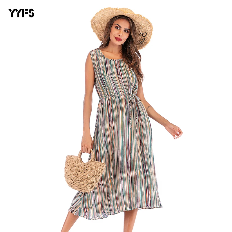 Повседневное летнее женское платье Boho o образным вырезом без рукавов в полоску