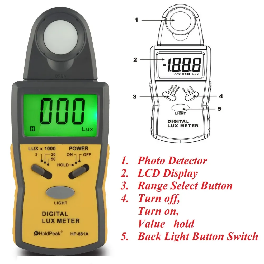 HoldPeak HP-881A цифровой измеритель освещенности с ЖК-дисплеем для хранения данных Цифровой Люксметр тест высокой точности