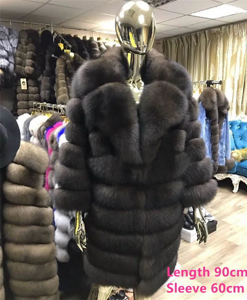 Length 90cm Шуба из натурального Лисьего меха с отложным воротником 120 см Длинная женская зимняя теплая куртка из натурального Лисьего меха шуба из натуральной кожи FC-056 - Цвет: Length 90cm