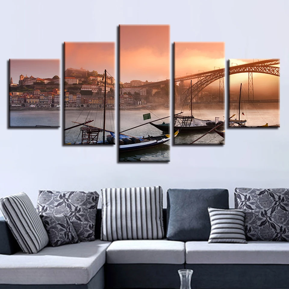 Холст плакат Wall Art HD печатает 5 шт. порту Понте Dom Luis я мост Картина модульная лодки