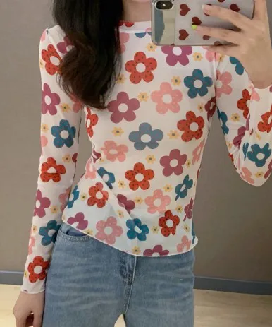 mesh long sleeve t Лето, консервативный стиль, цветочный принт, свободные футболки с коротким рукавом, женские топы, футболка, femme(BY9989 - Цвет: mesh long sleeve t
