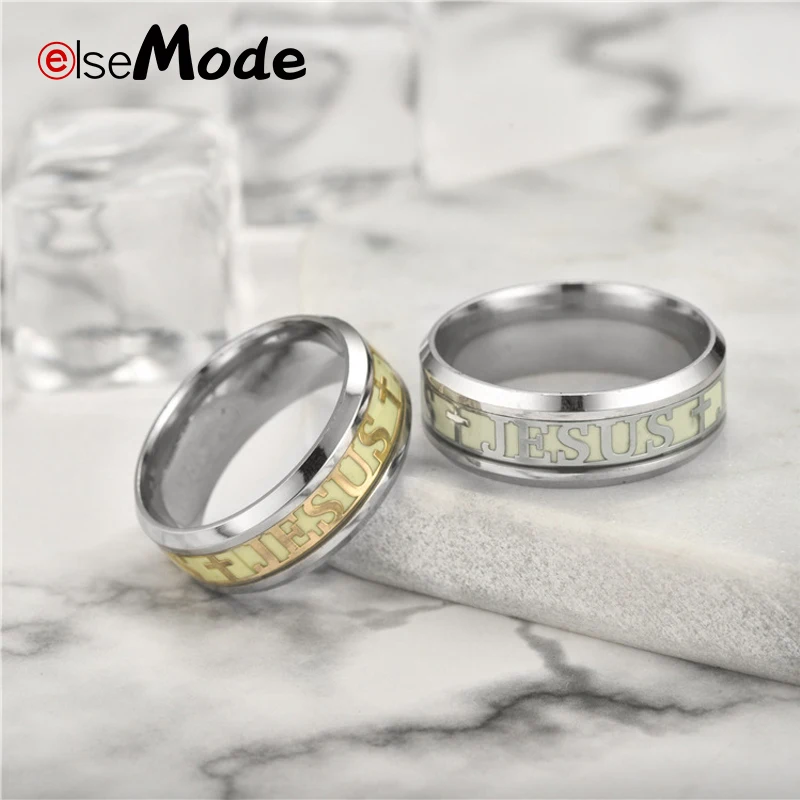 ELSEMODE Luminous JESUS Cross Christ Ring Titanium Steel Glowing In The Dark Wedding Engagement Rings For Women Men Jewelry