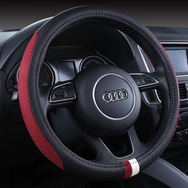 

Leather and flax splicingCar steering wheel cover 3D splicing steering wheel sleeve slip proof 38cm four seasons cover 5colors