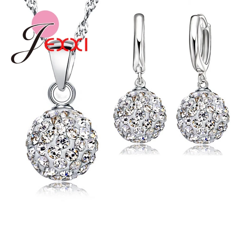 

New 10 Color Jewelry Sets 925 Sterling Silver Austrian Crystal Pave Disco Ball Lever Back Earring Pendant Necklace Woman