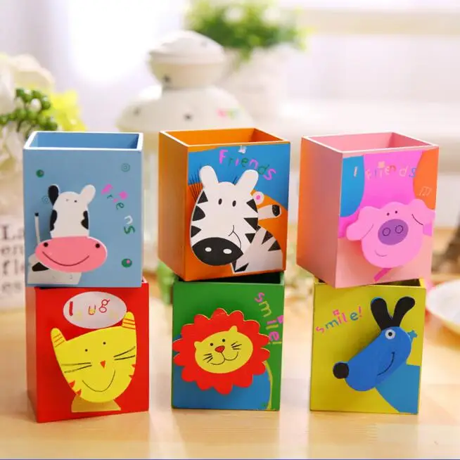 

Kawaii Animal Wooden Pen Holder For Kids Desk Storage Container Box Pencil Organizer Case Stationery Chidlren's Birthday Gift