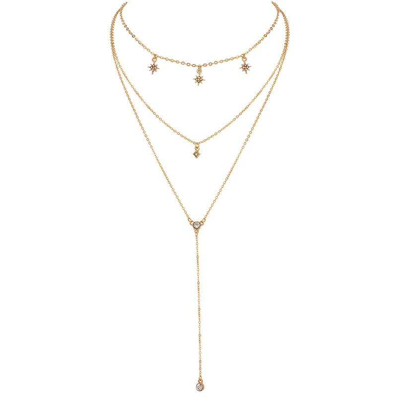 3 Pcs/Set Bohemian Star Sun Square Crystal Chain Pendant Multilayer Necklace Women Fashion Gold Set Jewelry Gift | Украшения и