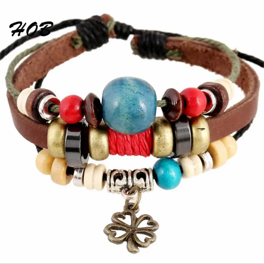 Мужской/женский браслет из натуральной кожи X7 коричневый с подвесками в виде