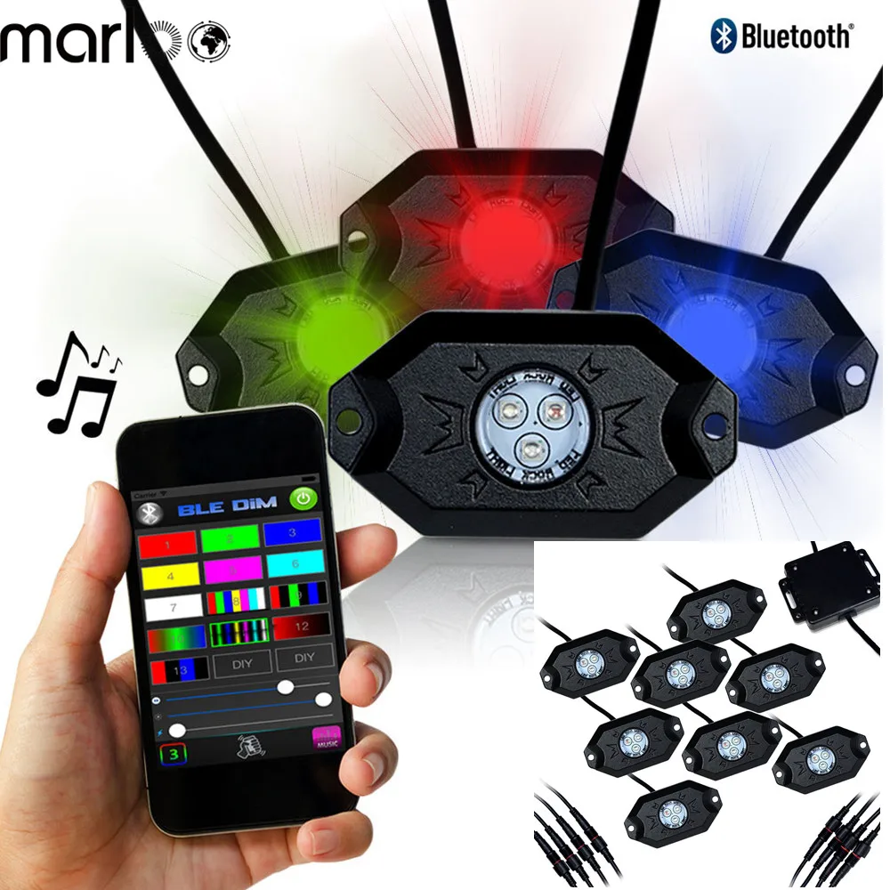 

Marloo Universal 8X 9W RGB Multi-Color LED Rock Light Under Body Kit For Jeep Truck SUV Off-Road Boat Bluetooth Remote Control