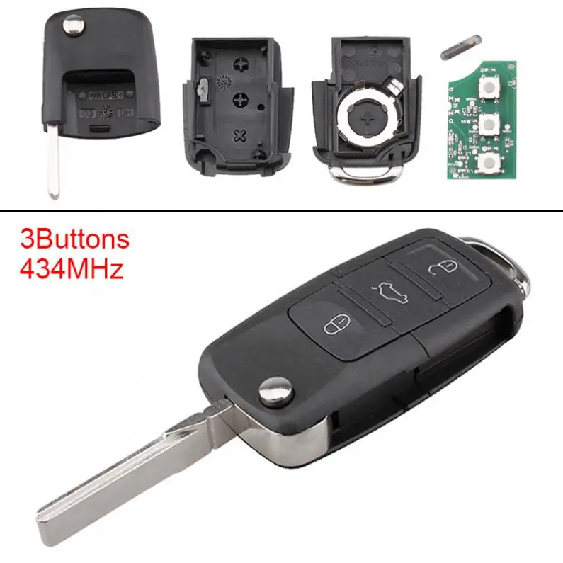 

434MHz 3 Buttons Keyless Car Remote Key Fob with ID48 Chip 1J0959753DA for Passat/Bora/Polo/Golf/Beetle 2001-2010 + Battery