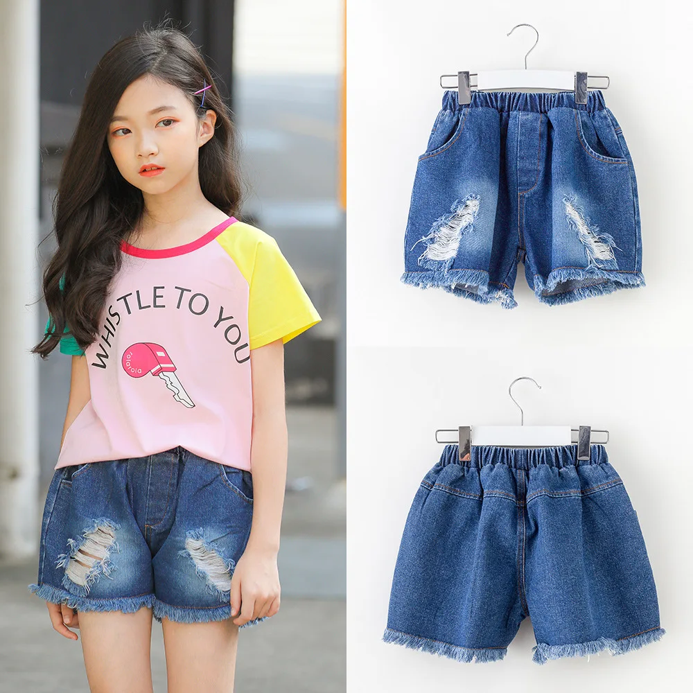 Рваные джинсовые шорты для девочек модель 2019 года летняя одежда маленьких новая