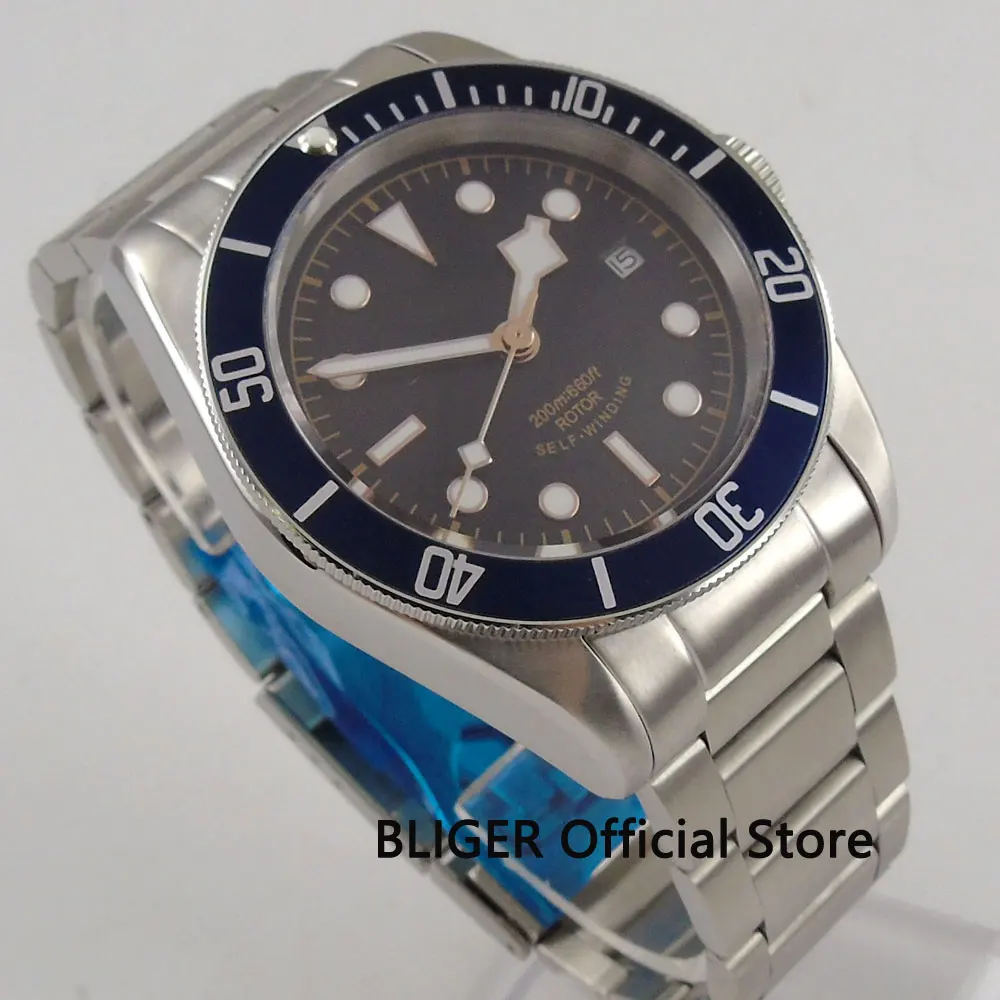 Мужские автоматические часы с сапфировым стеклом черный стерильный циферблат