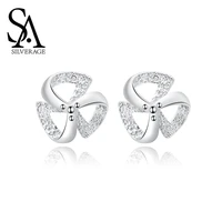 sa silverage women 925 silver aaa zirconia silver earring 925 sterling silver three petal flower korean version stud earrings