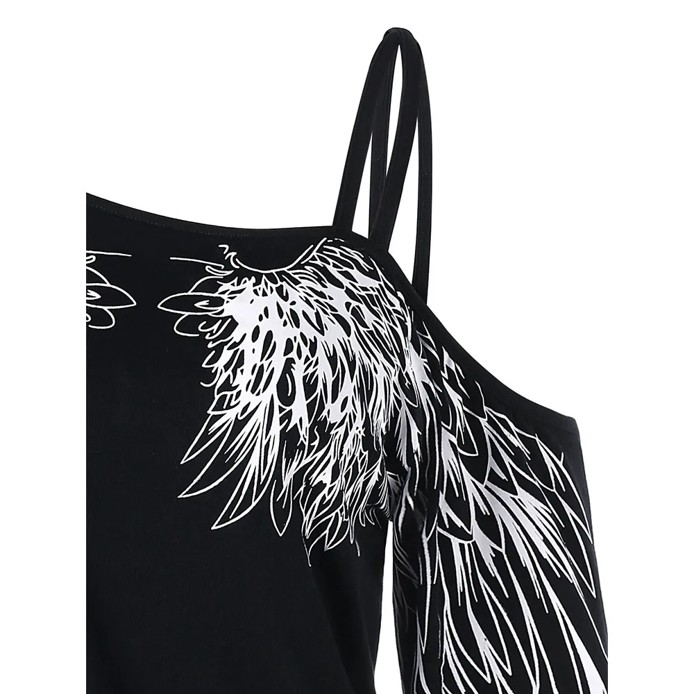 VESTLINDA на одно плечо с принтом крыла длинным рукавом топ Женская Повседневная