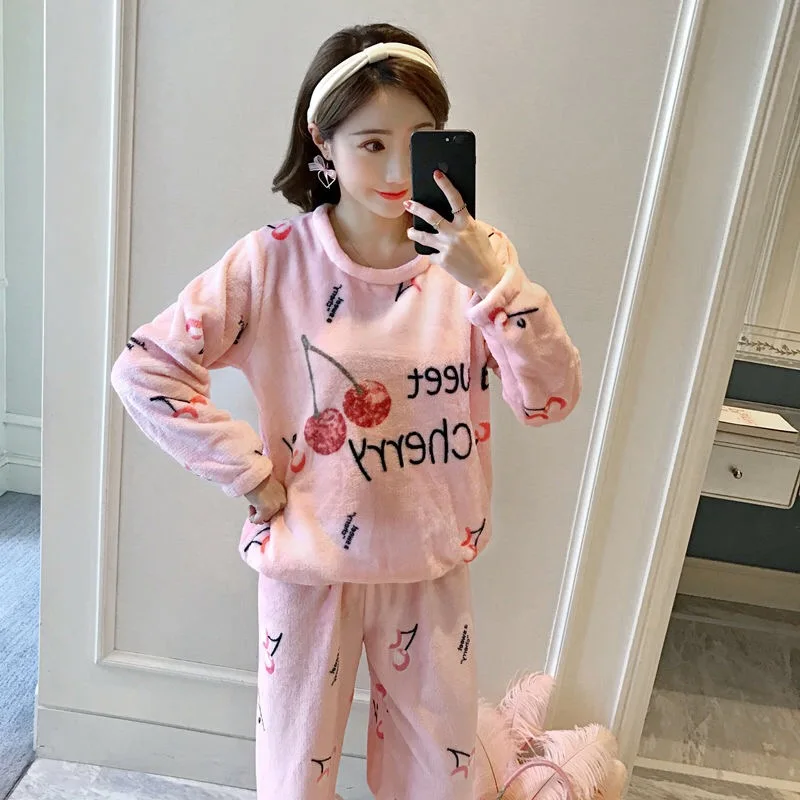 yingtao pink Silka Surplus, Женский пижамный комплект, пижама, милый мультяшный женский теплый зимний пижамный комплект, длинный рукав, длинные брюки, 2 предмета - Цвет: yingtao pink