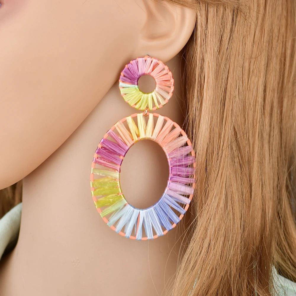MESTILO необычные цветные модные ювелирные изделия Bijoux радужные цветные яркие серьги рафия большие овальные соломенные массивные серьги для лета ювелирные изделия