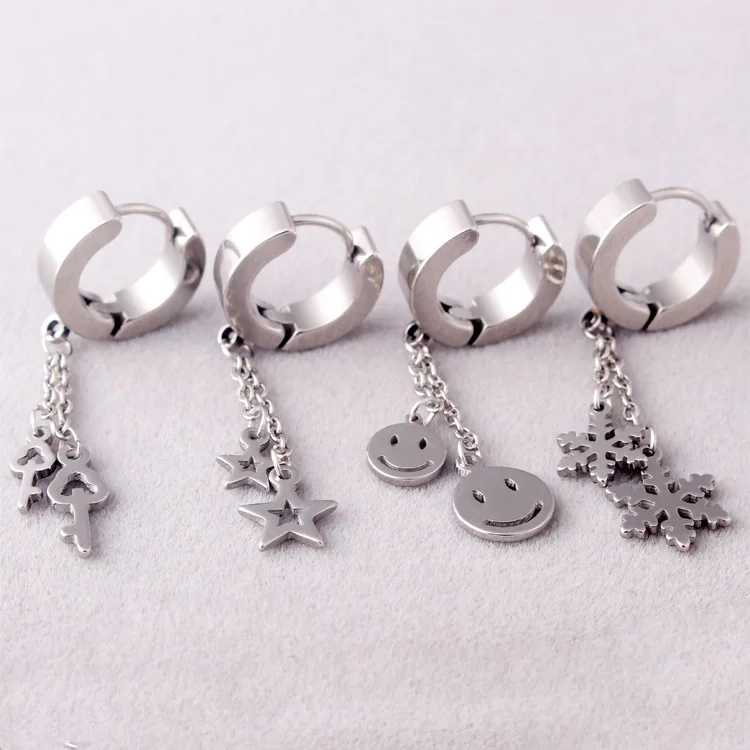 Fashion Punk Men Women Color Gold Black Stainless Steel Double Smiling Face Snowflake Stars Key Hoop Huggie Earrings Jewelry | Украшения и