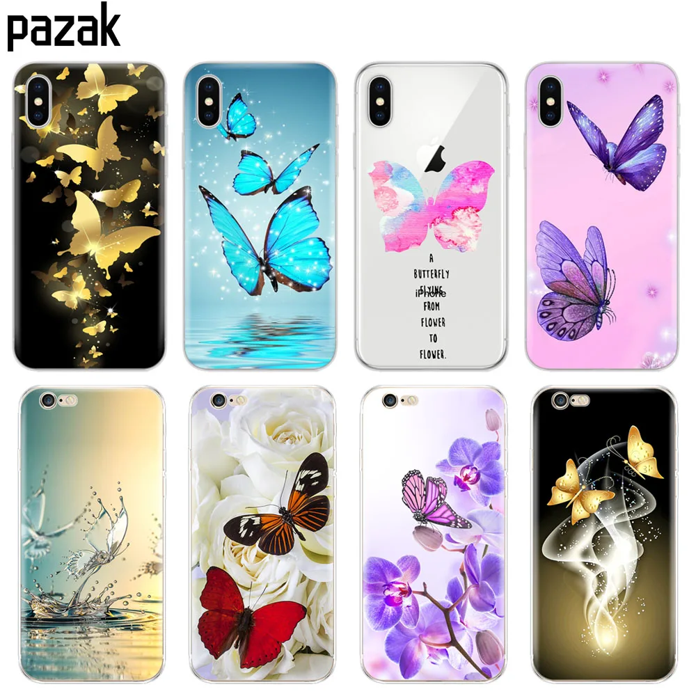 Силиконовый чехол для телефона Iphone 6X8 7 6s 5 5s SE 2020 Plus 10 XR XS 11 pro Max с бабочками розами
